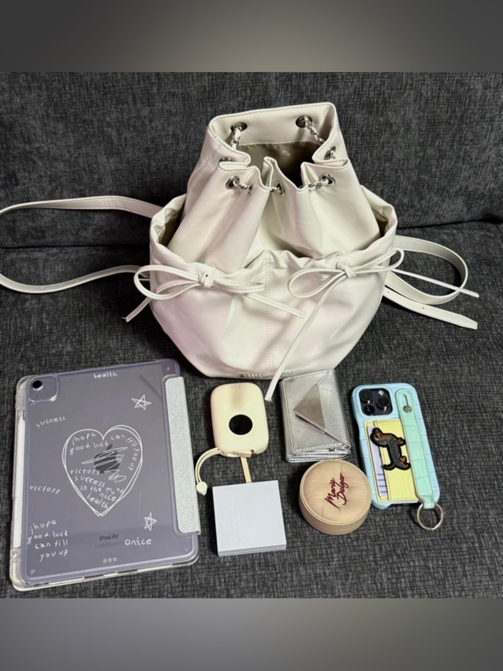 Matin Kim White Leather Drawstring Ribbon Bucket Backpack